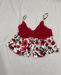 Red Floral Print Lace Trim Cami Top