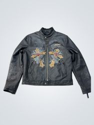 Ed Hardy Leather Jacket with Eagle and Cross Graph..