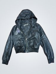 Ed Hardy Black Hooded Leather Jacket with Skull Gr..