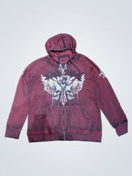 Black Scale Zip Up Hoodie with Skull and Wings Gra..
