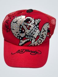 Ed Hardy Red Trucker Hat with Skull and Rhinestone..