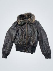 Pumpkin Faux Leather Bomber Jacket with Fur Collar