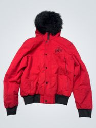 B33 Bee Inspired Red Bomber Jacket with Fur Hood