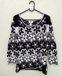 Talbots Hand Knit Black and White Floral Sweater