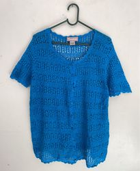 TANJAY Blue Crochet Button Front Short Sleeve Top