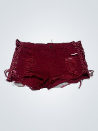 Red Ripped Denim Shorts