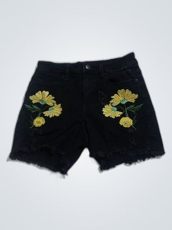 Nanette Lepore Black Denim Shorts with Yellow Floral Embroidery