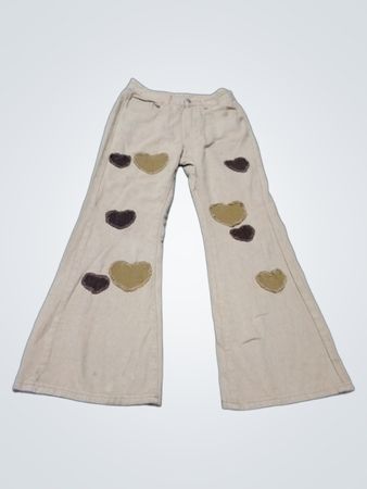 ROMWE Beige Flared Cotton Pants with Heart Patches