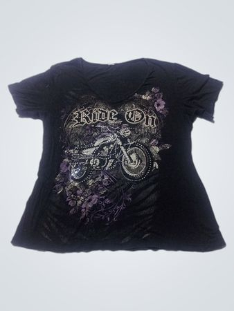 Black Graphic T-Shirt with Motorcycle Design
