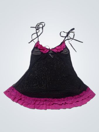 Black Lace Camisole with Pink Ruffle