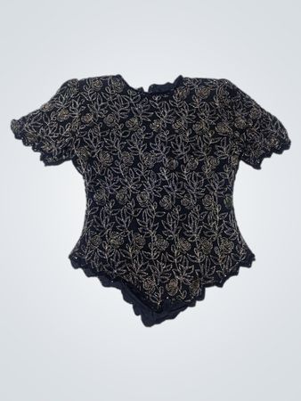 Laurence Kazar Black Embroidered Bodysuit