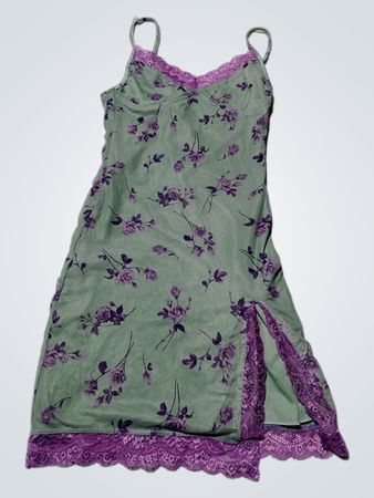 Green Floral Nightgown with Purple Lace
