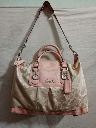 Coach Pink Signature Monogram Leather Trim Satchel Bag