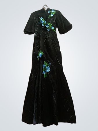 Black Dress with Blue Floral Embroidery