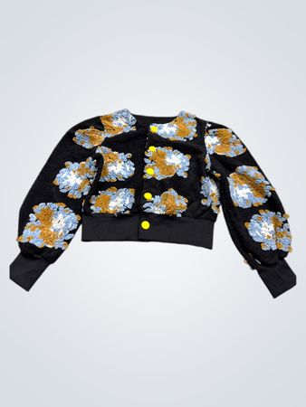 Black fuzzy jacket with blue and brown floral pattern