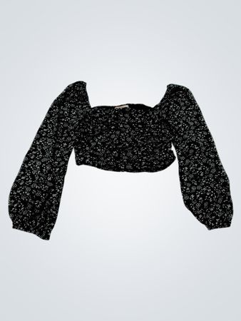 B.O.G Collective Schwarzes Blumenmuster Quadrat-Ausschnitt Geschmücktes Langarm Crop-Top