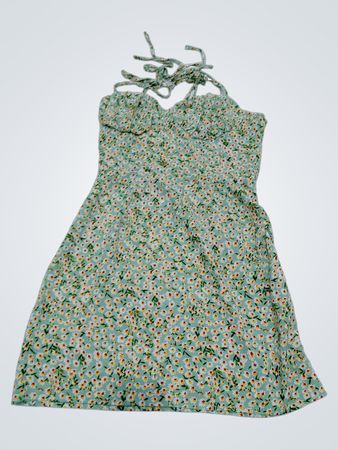 Hellblaues Blumendruck-Minikleid mit Bindegürteln