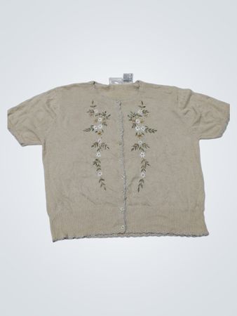 Kathie Lee Collection Beige bestickte Kurzarm-Strickjacke