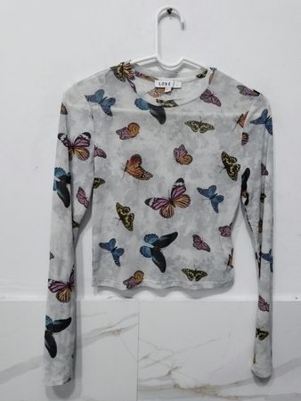 LOVE Butterfly Print Mesh Long Sleeve Top