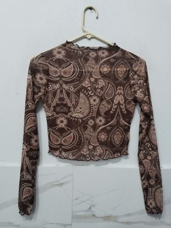 Brown paisley print long sleeve mesh top