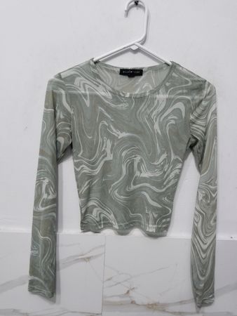 SOCIAL SCENE long sleeve marble print mesh crop top