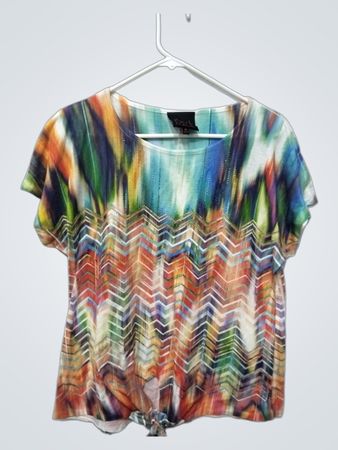 French Blue Damen Kurzarm-Top mit mehrfarbigem Chevron-Muster, Knoten vorne, Größe M
