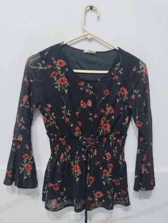 EMBER Black Floral Mesh Bell Sleeve Lace-Up Smocked Waist Top
