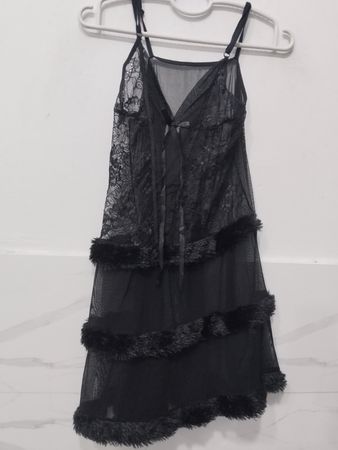 Black Lace and Mesh Nightgown with Fur Trim