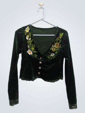 Giacca corta in velluto verde con ricamo floreale