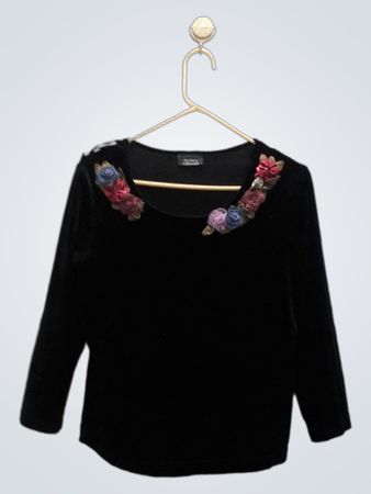 Dressbarn Collection Black Velvet Top with Floral Embellishment