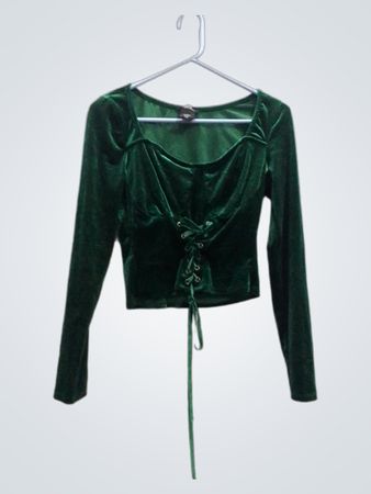 Thorn & Gable Top corsetto allacciato in velluto verde con pizzo