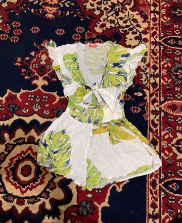 LISA Weiß Grün Gelb Blau Tropical Leaf Print Knoten-Front Jumpsuit