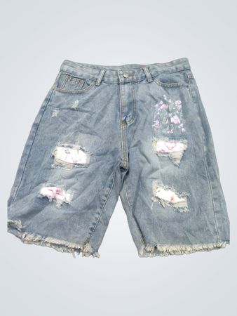 Damen-Jeansshorts in heller Waschung mit floralen Print-Patches und Used-Details