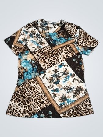 Patchwork-Flower- und Leopardenmuster-T-Shirt