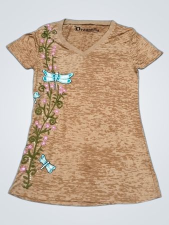 Dragonfly Clothing Company Braunes T‑Shirt mit Libelle und Blumenstickerei