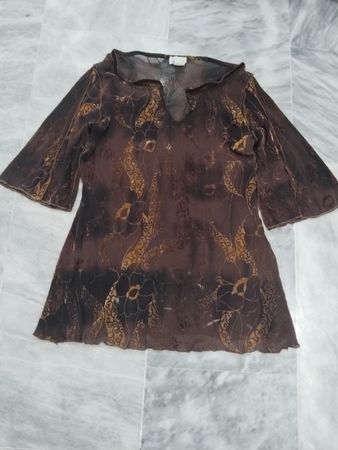 Fleva Brown Blumenmuster Transparentes Oberteil mit Glockenärmeln