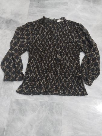 Darly special Schwarze geraffte Bluse mit Kettenmuster und langen Ärmeln