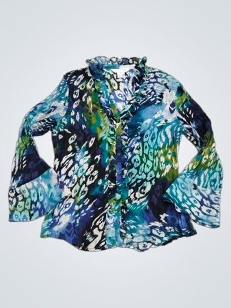 ALLISON TAYLOR Damen Blaues Blusen-Oberteil mit abstraktem Muster und Rüschen Größe M