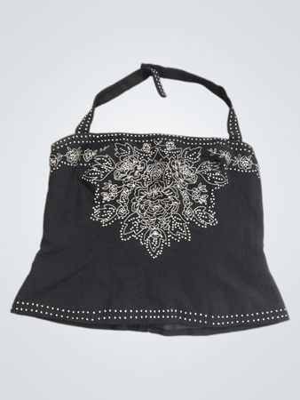 Maggy London schwarzes Neckholder-Top mit Blumenstickerei