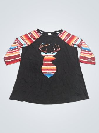 Schwarzes Raglan-T-Shirt mit Hirschgrafik und gestreiften Ärmeln