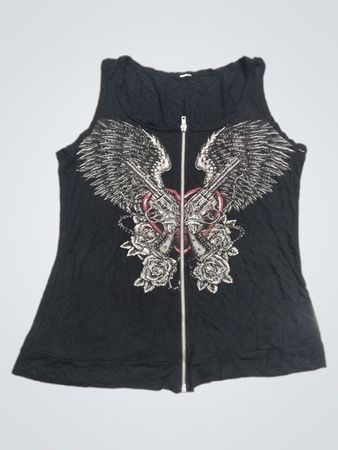 Schwarzes ärmelloses Top mit Grafikdruck und Reißverschluss