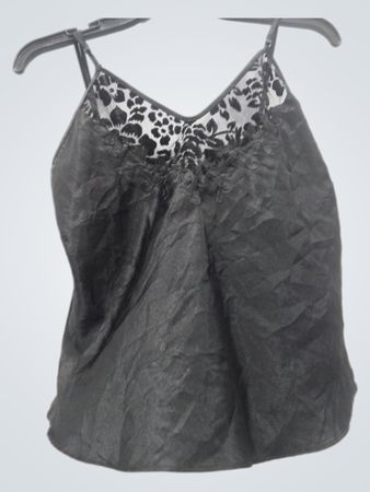 Schwarzes Satin-Camisole mit Leopardenmuster-Besatz