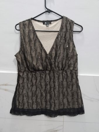 A. Studio Damen schwarzes ärmelloses Oberteil mit Pailletten, Spitze und V-Ausschnitt