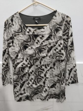 Alfani Damen Größe M 100% Nylon Schwarz-weißer Animal-Print Transparenter Langarm-Top