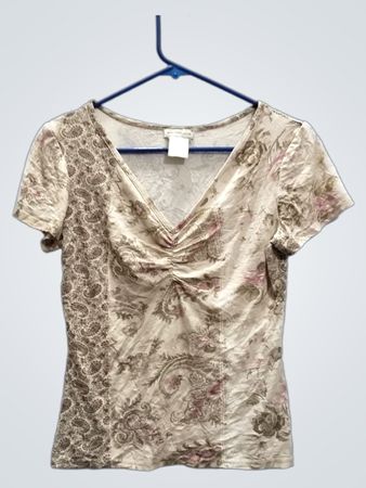 MACHINCHOSE Damen Kurzarm V-Ausschnitt gerafftes Paisley-Blumenmuster Top