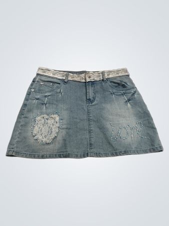 EFURDE JEANS Damen-Jeansrock mit Spitzenbesatz und "love"-Stickerei