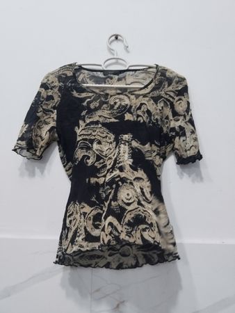 Oui Black & Beige gemustertes Mesh-Top
