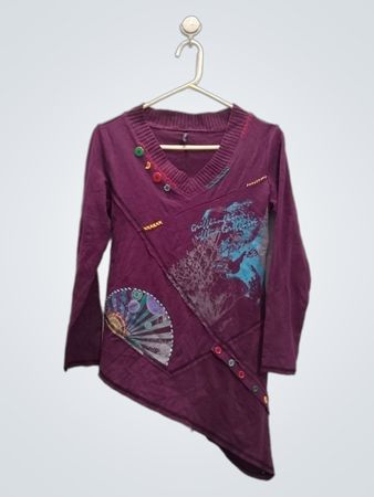 Corazon Collection Lila Langarm-Asymmetrische Tunika mit Grafikdruck