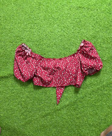 Red Floral Print Tie Front Puff Sleeve Crop Top