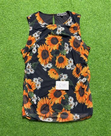 Melanie Lyne Black Sunflower Print Mesh Ruched Tank Top